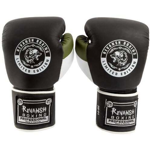 Боксерские перчатки REVANSH, черно-зеленый-белый, натуральна - Revansh - Черный - 16 oz