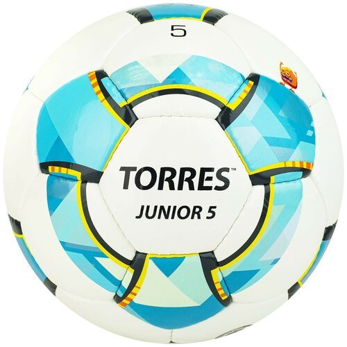 Мяч футбольный TORRES Junior-5, размер 5, вес 390-410 г, глянцевый ПУ, 3 слоя, 32 панели, ручная сшивка, цвет белый/синий/жёлтый