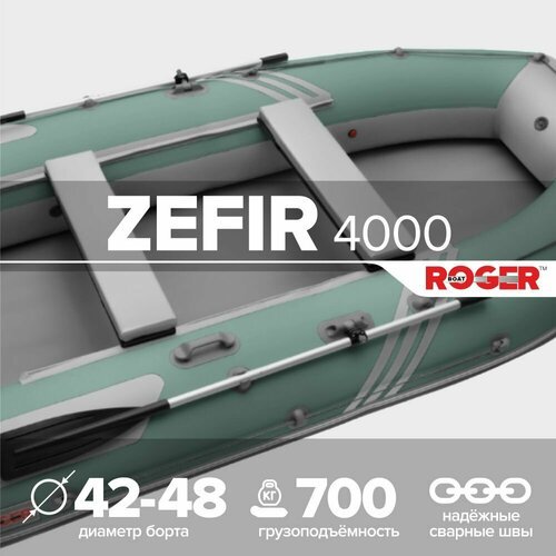Лодка надувная ПВХ под мотор ROGER Zefir 4000, лодка роджер НДНД с ковриком призма (зеленый-серый комбинированный)