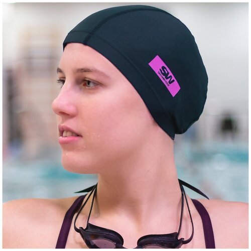 Тканевая шапочка для плавания / бассейна SwimRoom “Lycra”, размер 52-56, цвет Темно- синий, серый логотип