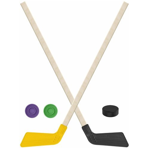 Детский хоккейный набор для игр на улице, свежем воздухе Клюшка хоккейная детская 2 шт. жёлтая и чёрная 80 см +2 шайбы + Шайба хоккейная детская 60 мм