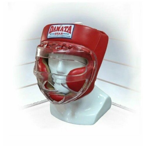 Шлем с пластиковой маской для единоборств Danata Star Champion / Натуральная кожа Красный